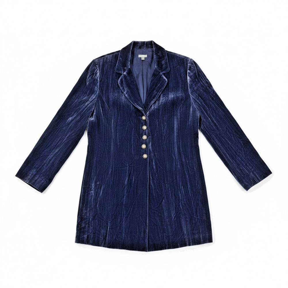 J Jill Navy Velvet 5 Button Up Blazer Large Midnight Blue Velour Tailored Jacket - Picture 3 of 11